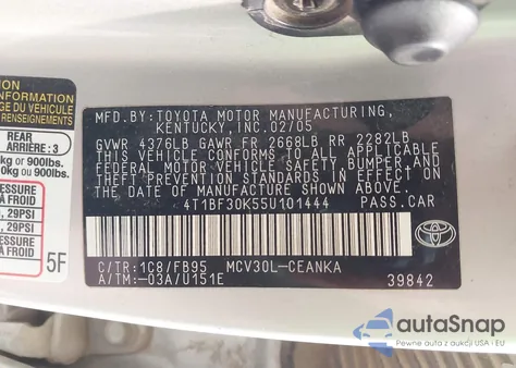 2005 Toyota Camry Le/Xle/Se z USA, uszkodzony, nr VIN 4T1BF30K55U101444